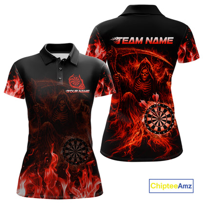 Custom Red Flaming Grim Reaper Dartboard Women Dart Polo Shirt Personalized Skull Dart Team Jerseys NYN2774