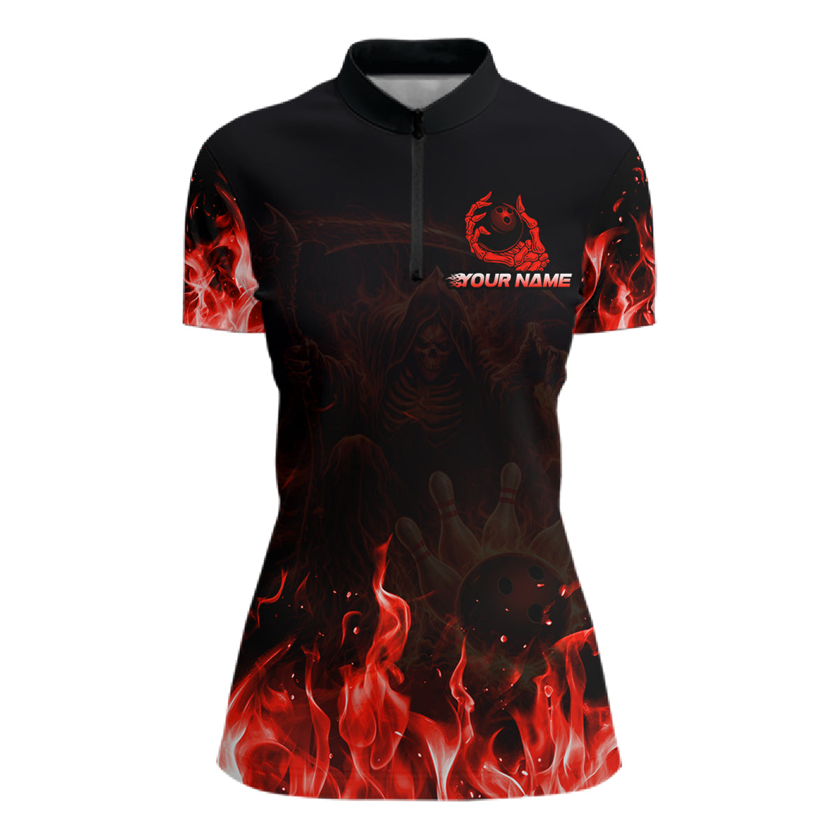 Personalized Red Flaming Grim Reaper Bowling Team Shirts For Women Bowling Polo & 1/4-Zip Jersey NYN2776