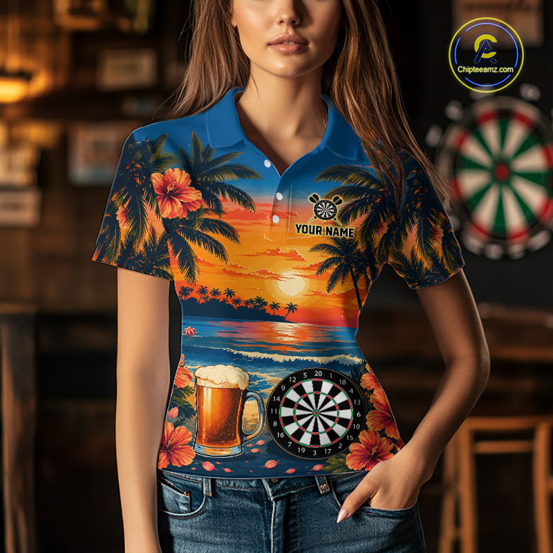Female model wearing Funny Beer & Dartboard darts polo, custom women's dart league jersey, tropical tournament apparel, vacation-inspired athletic shirt, pub team uniform, personalized darts clothing