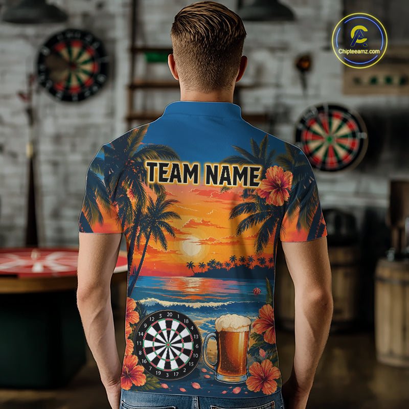 Male model wearing Funny Beer & Dartboard darts polo, custom pub league jersey, tropical performance apparel, personalized dart tournament clothing, championship team shirt, beer enthusiast sportswear