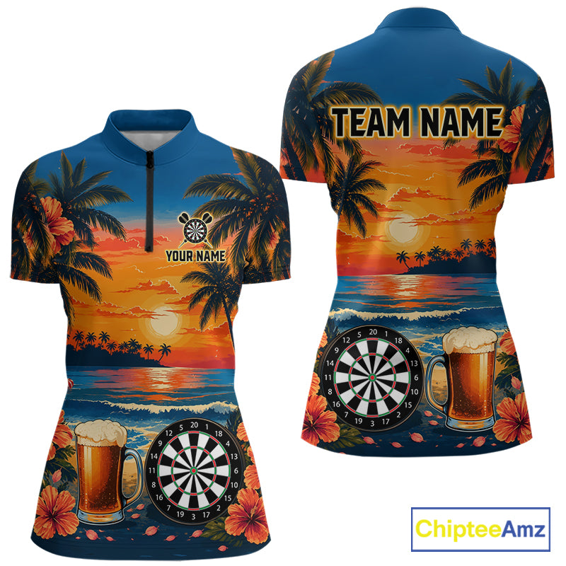 Funny Beer & Dartboard women's quarter-zip darts jersey featuring sunset tropical artwork, personalized dart tournament shirt, pub league apparel, performance darts clothing, custom club uniform, beer lover gift