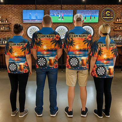 Matching Funny Beer & Dartboard darts team jerseys for men and women, tropical pub league uniforms, personalized dart tournament apparel, bachelor party shirts, team vacation clothing, championship darts team outfit