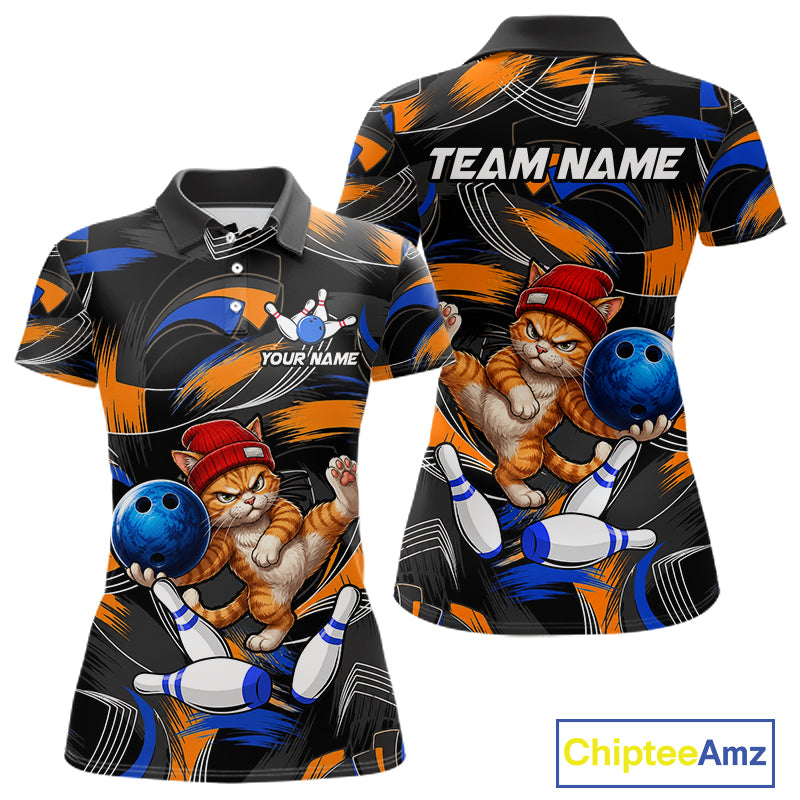 Blue And Orange Funny Cat Bowling Shirts For Women Personalized Bowling Team Name Outfits NYN3979