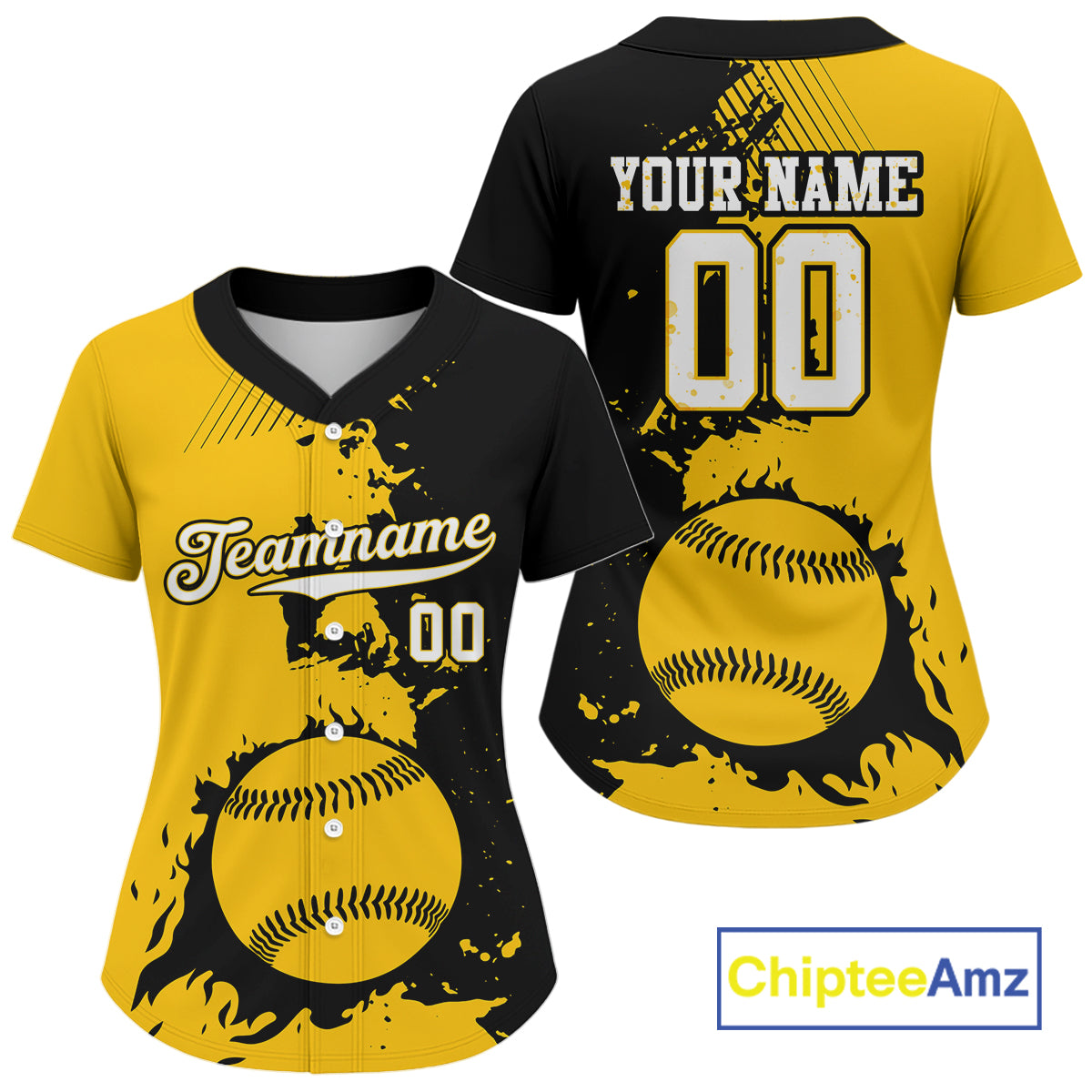 Personalized Black Yellow Baseball Ball Shirt For Women Grunge Baseball Jerseys Gifts NYN1600
