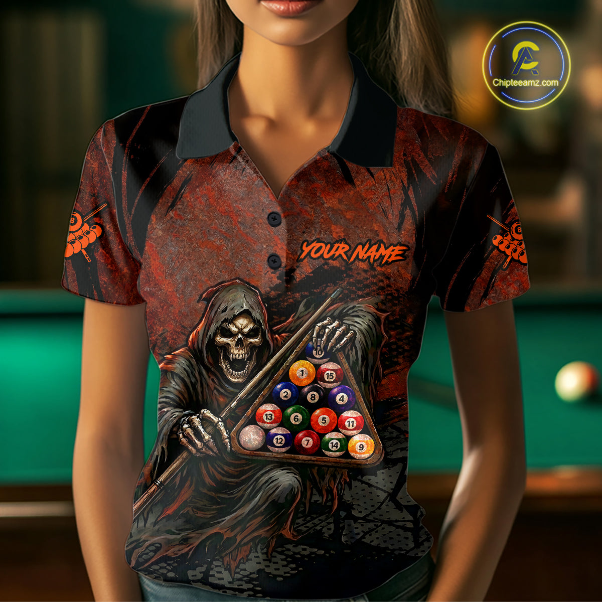 Custom Black And Gold 8 Ball 9 Ball Break Glass Billiard Shirt For Women, Pool Billiard Clothes Jersey NYN3019