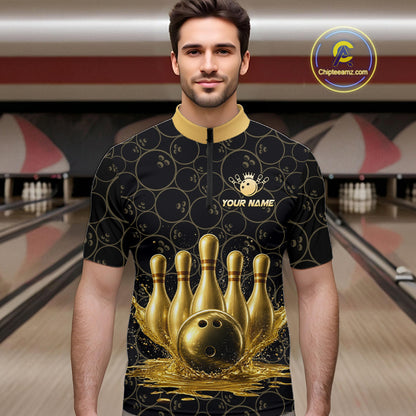 Splatter Gold Dripping Bowling And Pins Jerseys For Men Custom Bowling Ball Shirt Team Attire NYN3180