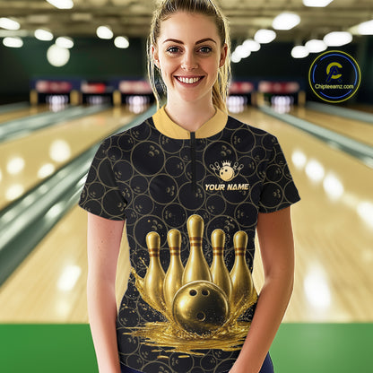 Splatter Gold Dripping Bowling And Pins Jerseys For Women Custom Bowling Ball Shirt Team Attire NYN3180