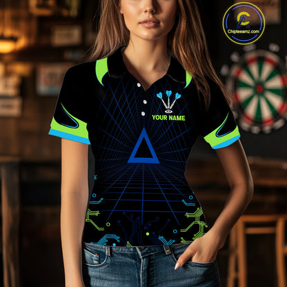 Multi Color Techno Grid & Bull Women's Darts Shirt - Custom Name For Darts Jersey NYN0475