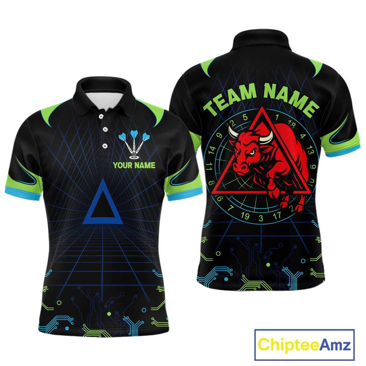 Multi Color Techno Grid & Bull Men's Darts Shirt - Custom Name For Darts Jersey NYN0475