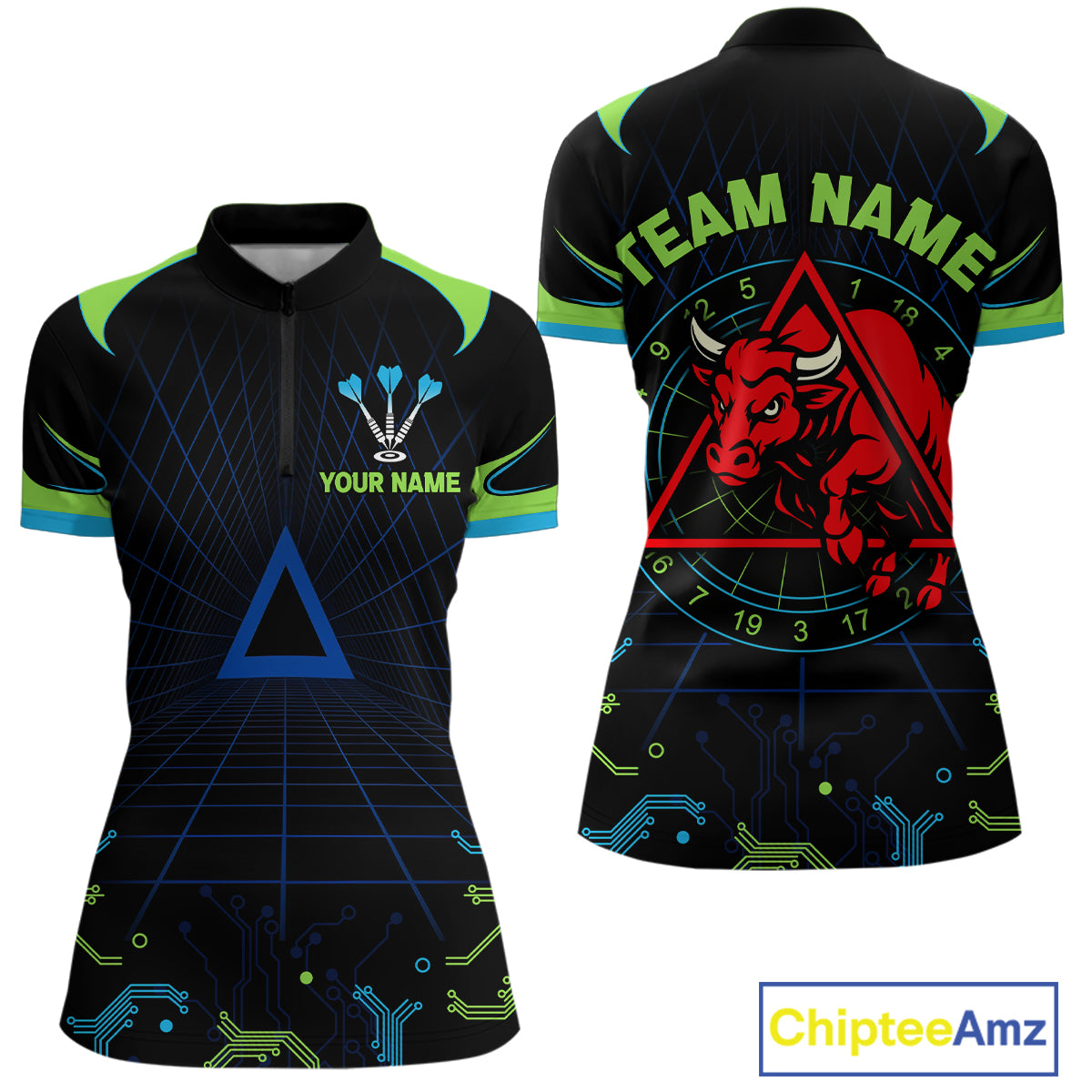 Multi Color Techno Grid & Bull Women's Darts Shirt - Custom Name For Darts Jersey NYN0475