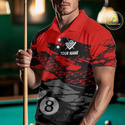 Male model wearing Grunge Black & Red billiard polo, patriotic pool tournament jersey, veteran-inspired cue sports apparel, custom championship league uniform