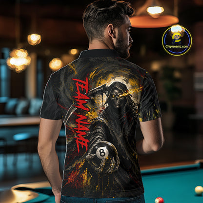 Male model wearing Grim Reaper billiard polo, custom gothic pool tournament jersey, biker-inspired cue sports apparel, personalized championship league clothing