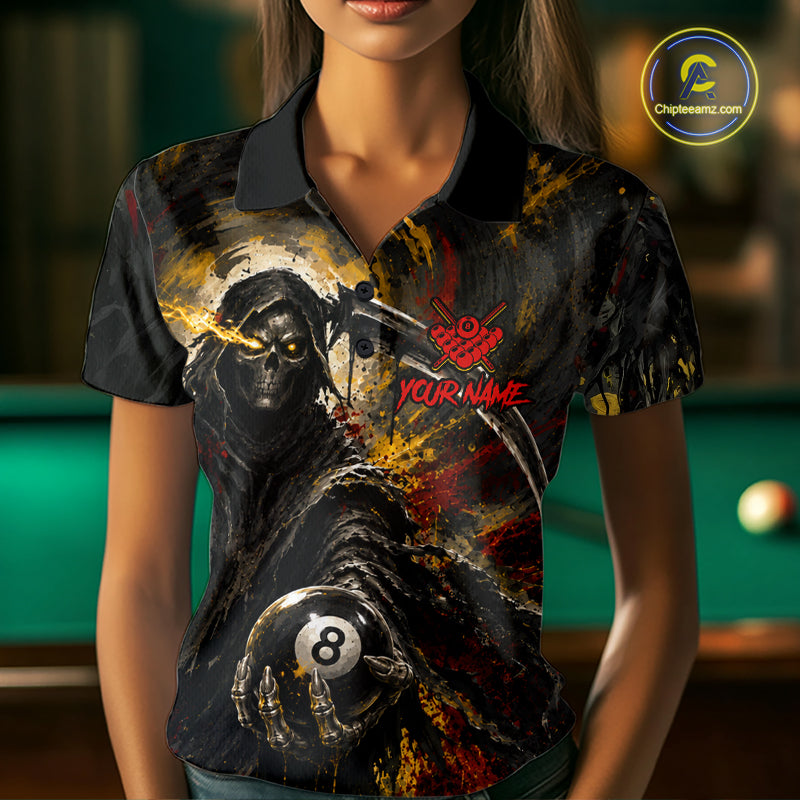 Female model wearing Grim Reaper women's billiard polo, personalized skeleton tournament jersey, custom gothic billiards apparel, championship performance sportswear