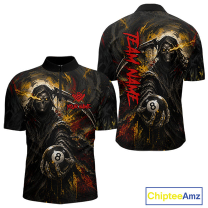 Grunge Yellow & Red Grim Reaper men's quarter-zip pool jersey featuring aggressive Grim Reaper artwork, custom billiard tournament shirt, personalized biker-style cue sports apparel