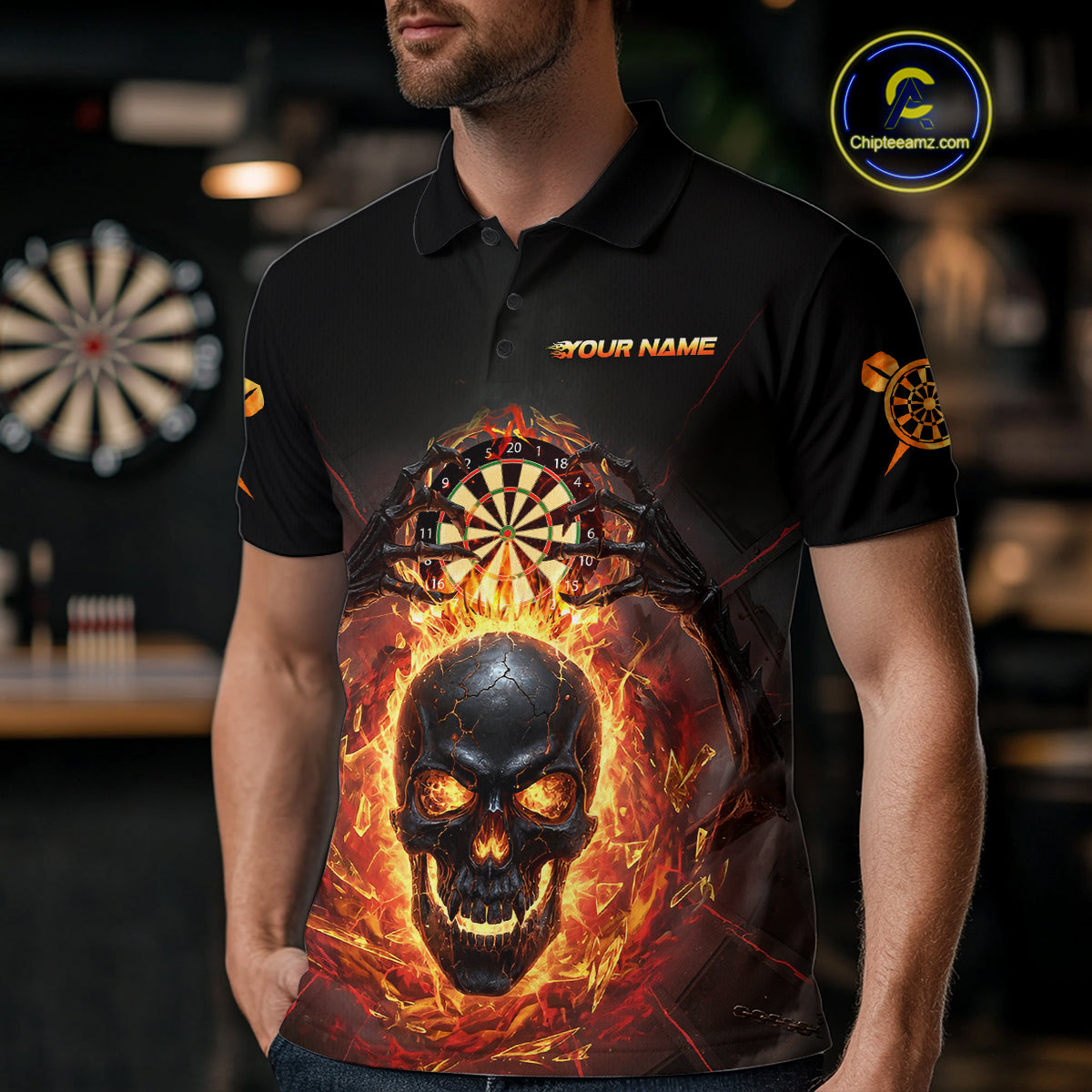 Custom Red Flames Skull Broken Glass Men Darts Polo Shirt Outfits Dart Jerseys NYN1902