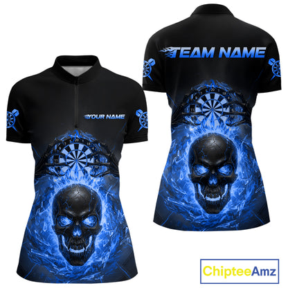 Custom Blue Flames Skull Broken Glass Women Darts Quarter-Zip Shirt Outfits Dart Jerseys NYN1903