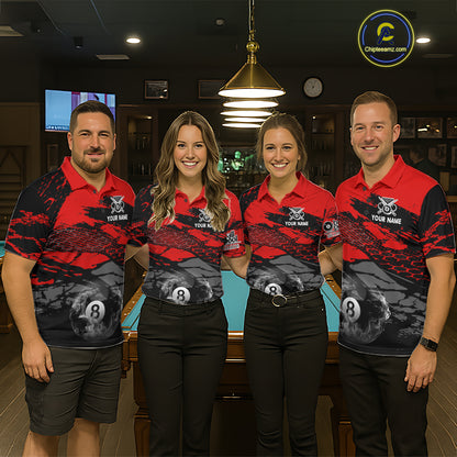 Black & Red Grunge 8 Ball Pool Men Billiard Polo & 1/4-Zip Jersey Custom Billiard Shirt Designs NYN2411