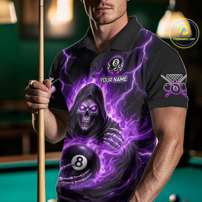 Fire Flame Grim Reaper Holding 8 Ball Pool Men Polo & 1/4-Zip Shirt Personalized Billiard Gifts NYN2434