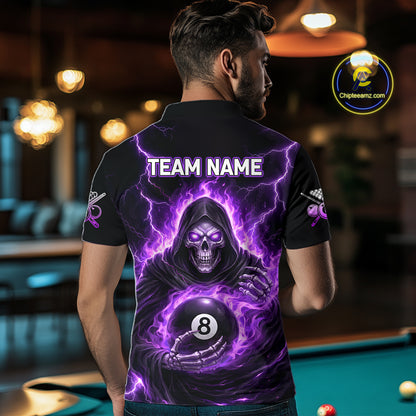 Fire Flame Grim Reaper Holding 8 Ball Pool Men Polo & 1/4-Zip Shirt Personalized Billiard Gifts NYN2434
