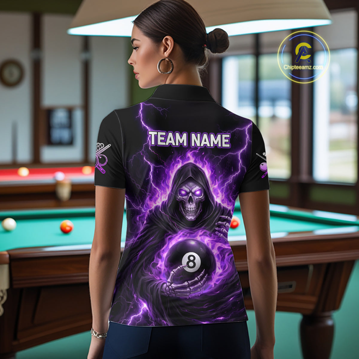Fire Flame Grim Reaper Holding 8 Ball Pool Women  Polo & 1/4-Zip Shirt Personalized Billiard Gifts NYN2434