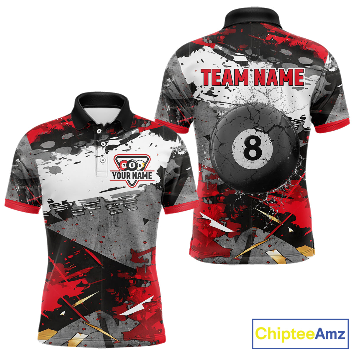 Black, White And Red Grunge Paint Billiard Pool Shirts For Men Custom 8 Ball Billiard Team Attire NYN3019