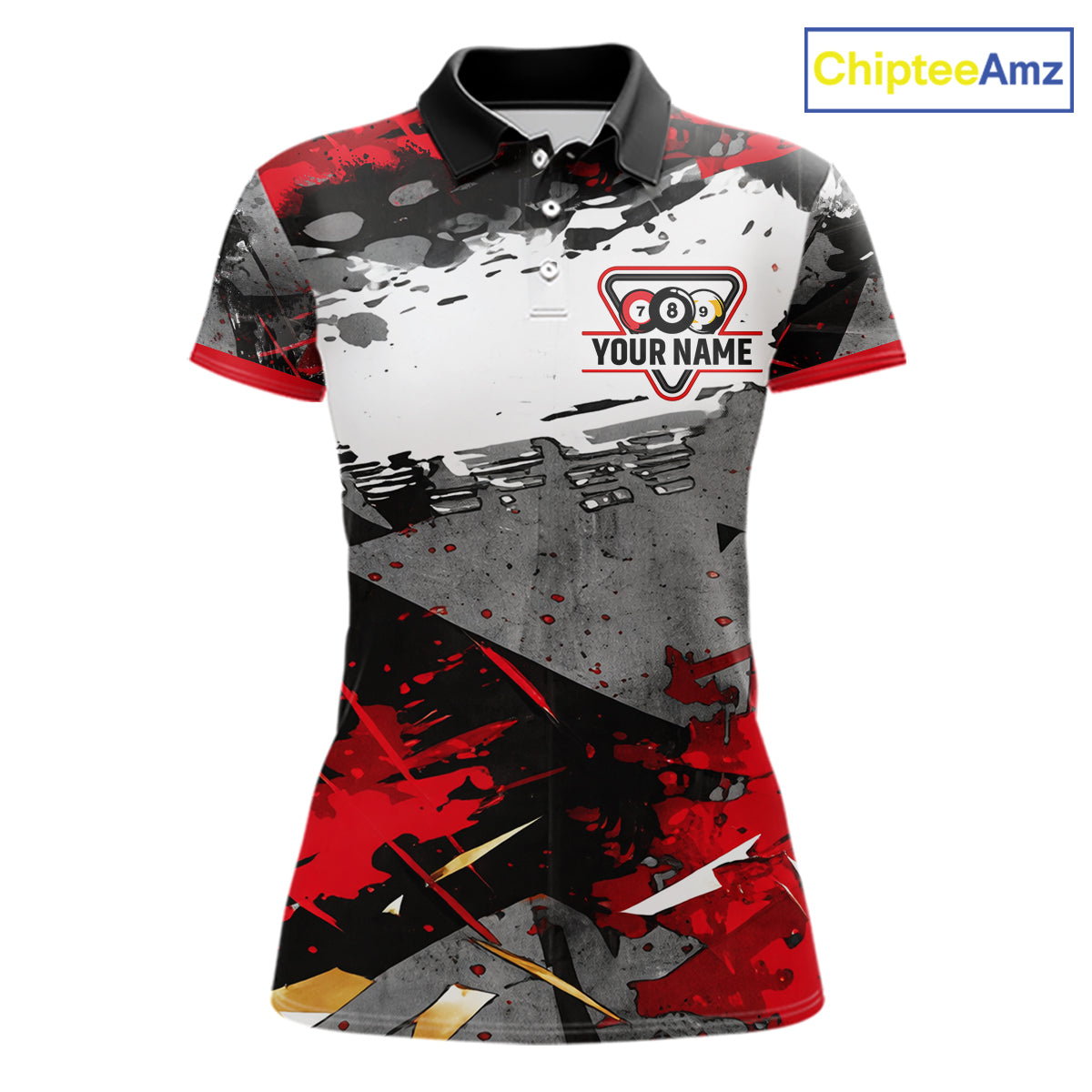 Black, White And Red Grunge Paint Billiard Pool Shirts For Women Custom 8 Ball Billiard Team Attire NYN3019