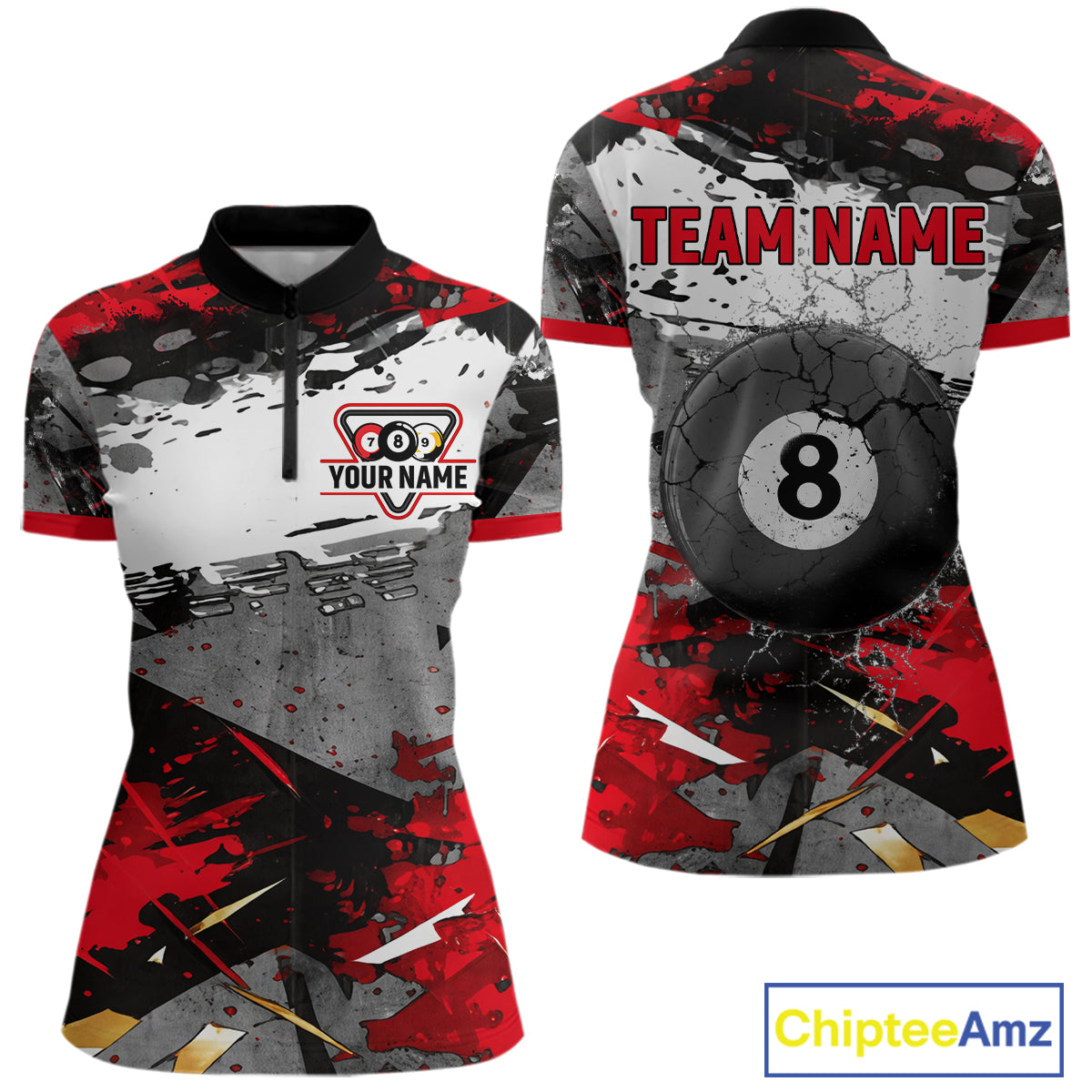 Black, White And Red Grunge Paint Billiard Pool Shirts For Women Custom 8 Ball Billiard Team Attire NYN3019
