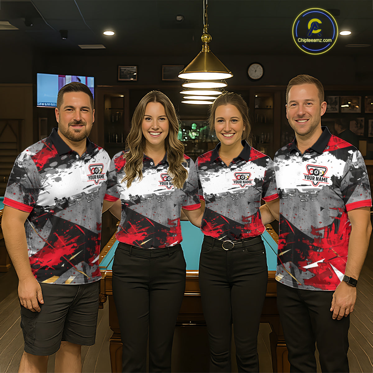 Black, White And Red Grunge Paint Billiard Pool Shirts For Women Custom 8 Ball Billiard Team Attire NYN3019