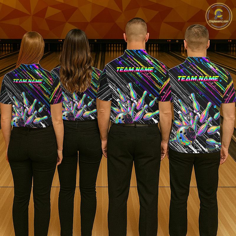 Holographic Strike Bowling Ball & Pins Jersey For Women Custom Splatter Paint Bowling Team Shirts NYN3200