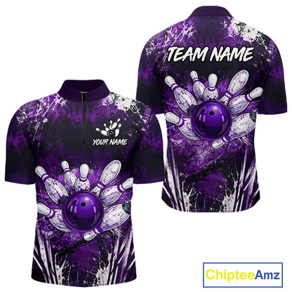 Men's white purple splatter bowling ball quarter zip bowling shirt mockup