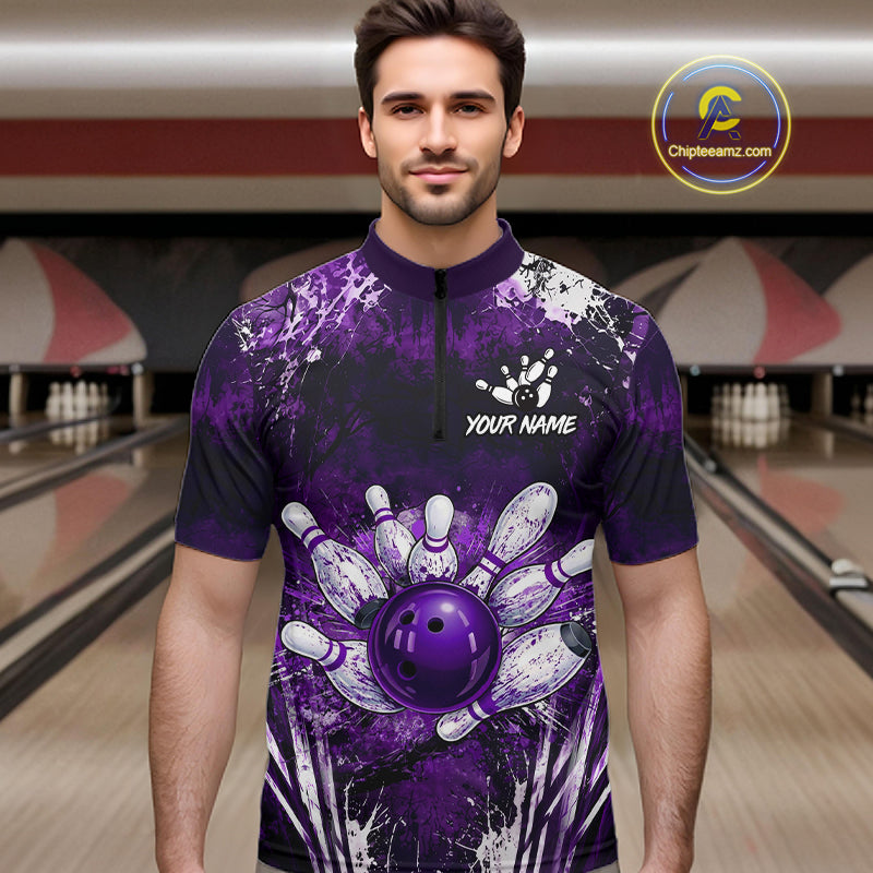 Man wearing white purple splatter bowling ball shirt custom bowling apparel