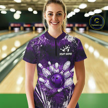 Load image into Gallery viewer, Person wearing a purple bowling shirt with a design and 'Your Name' text in a bowling alley.