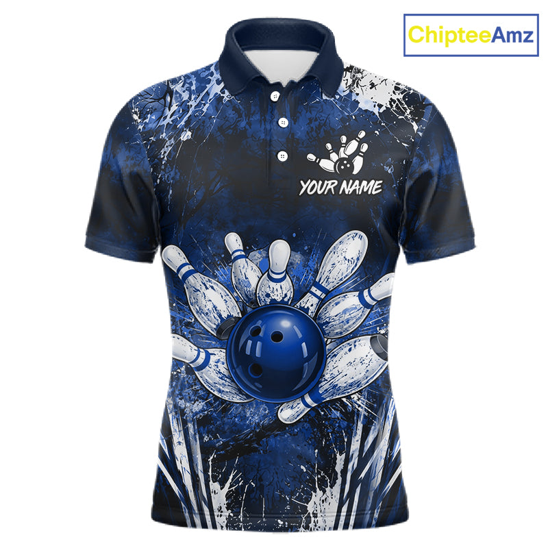 Men's white blue splatter paint bowling ball polo shirt custom bowling jersey mockup