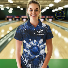 Load image into Gallery viewer, Woman wearing white blue splatter bowling ball shirt custom bowling apparel