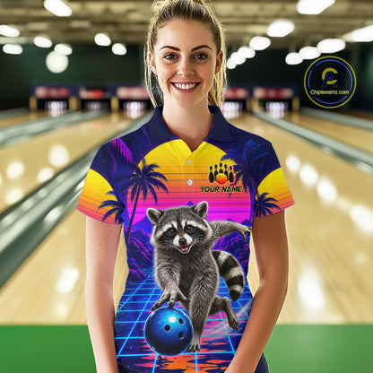 Woman wearing funny raccoon bowling shirt custom summer bowling apparel
