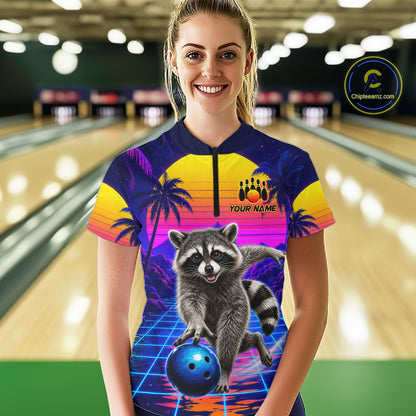 Woman wearing funny raccoon bowling shirt custom summer bowling apparel