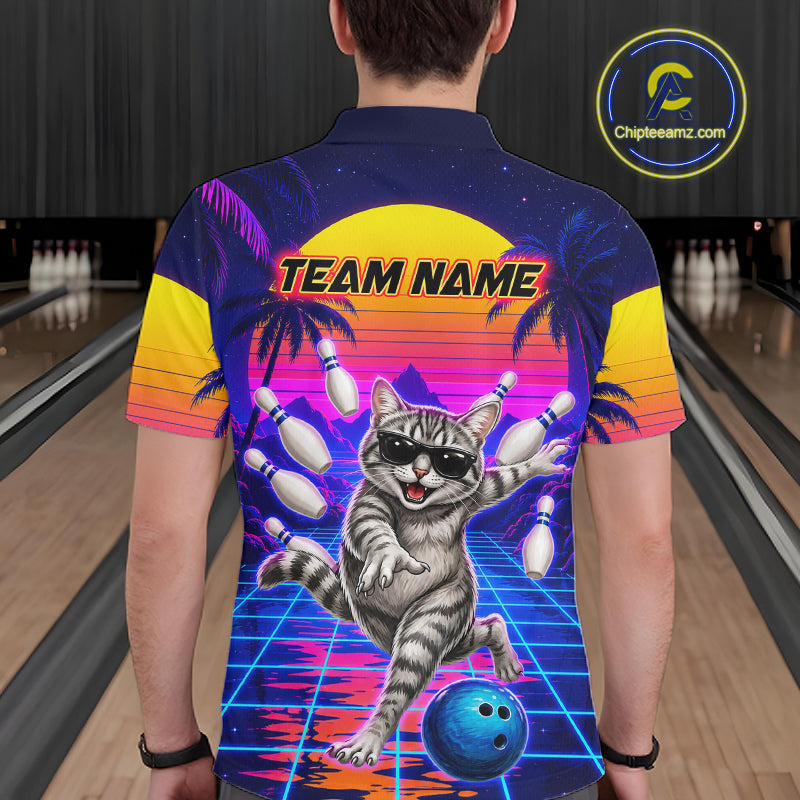 Man wearing funny cat bowling shirt personalized bowling apparel