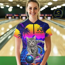 Load image into Gallery viewer, Funny cat quarter zip bowling shirt for women custom bowling jersey mockup