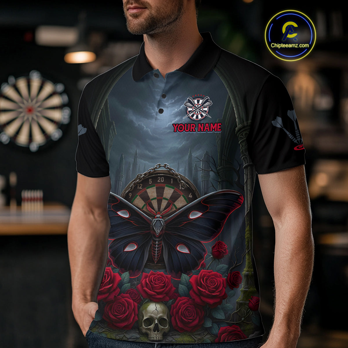 Red Butterfly Roses Dartboard Skull Custom Men Darts Polo Shirt Gothic Dart Jerseys NYN1911