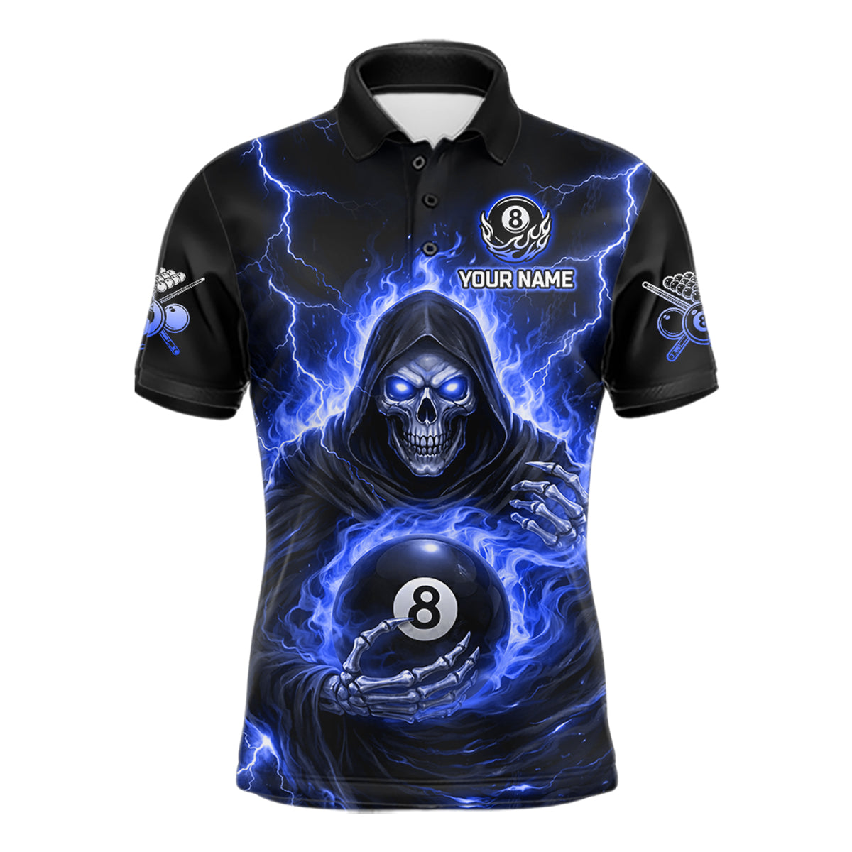 Blue Flames Grim Reaper Holding 8 Ball Pool Men Polo & 1/4-Zip Shirt Personalized Billiard Gifts NYN2661