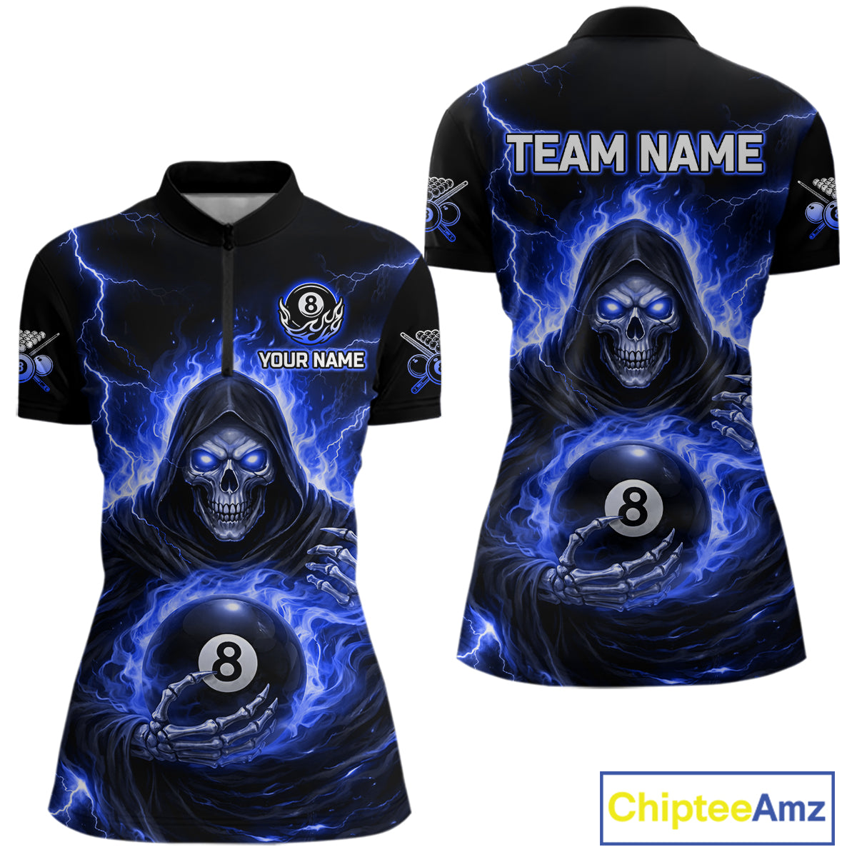 Blue Flames Grim Reaper Holding 8 Ball Pool Women Polo & 1/4-Zip Shirt Personalized Billiard Gifts NYN2661
