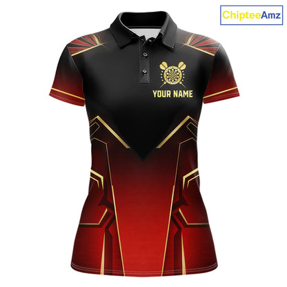 Black, Red And Gold Crown Dartboard Women Darts Polo & 1/4-Zip Shirts Custom Darts Outfits Team Jersey NYN3035