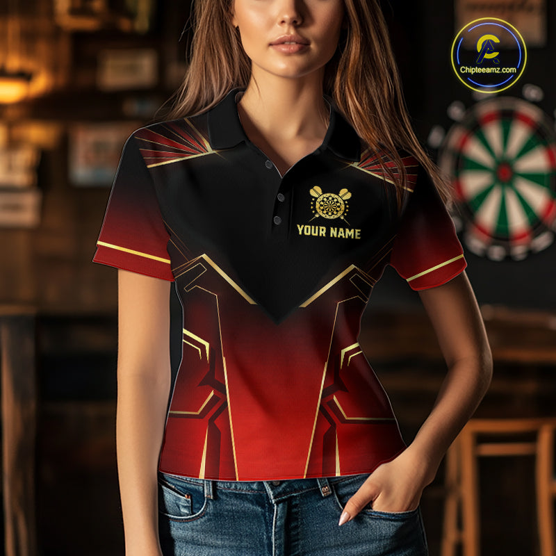 Black, Red And Gold Crown Dartboard Women Darts Polo & 1/4-Zip Shirts Custom Darts Outfits Team Jersey NYN3035