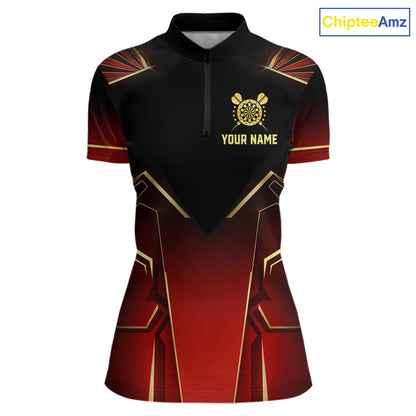 Black, Red And Gold Crown Dartboard Women Darts Polo & 1/4-Zip Shirts Custom Darts Outfits Team Jersey NYN3035