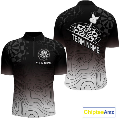 Men's Custom Dart Shirt, Darts Hitting The Bullseye With Black-To-White Gradient NYN0249