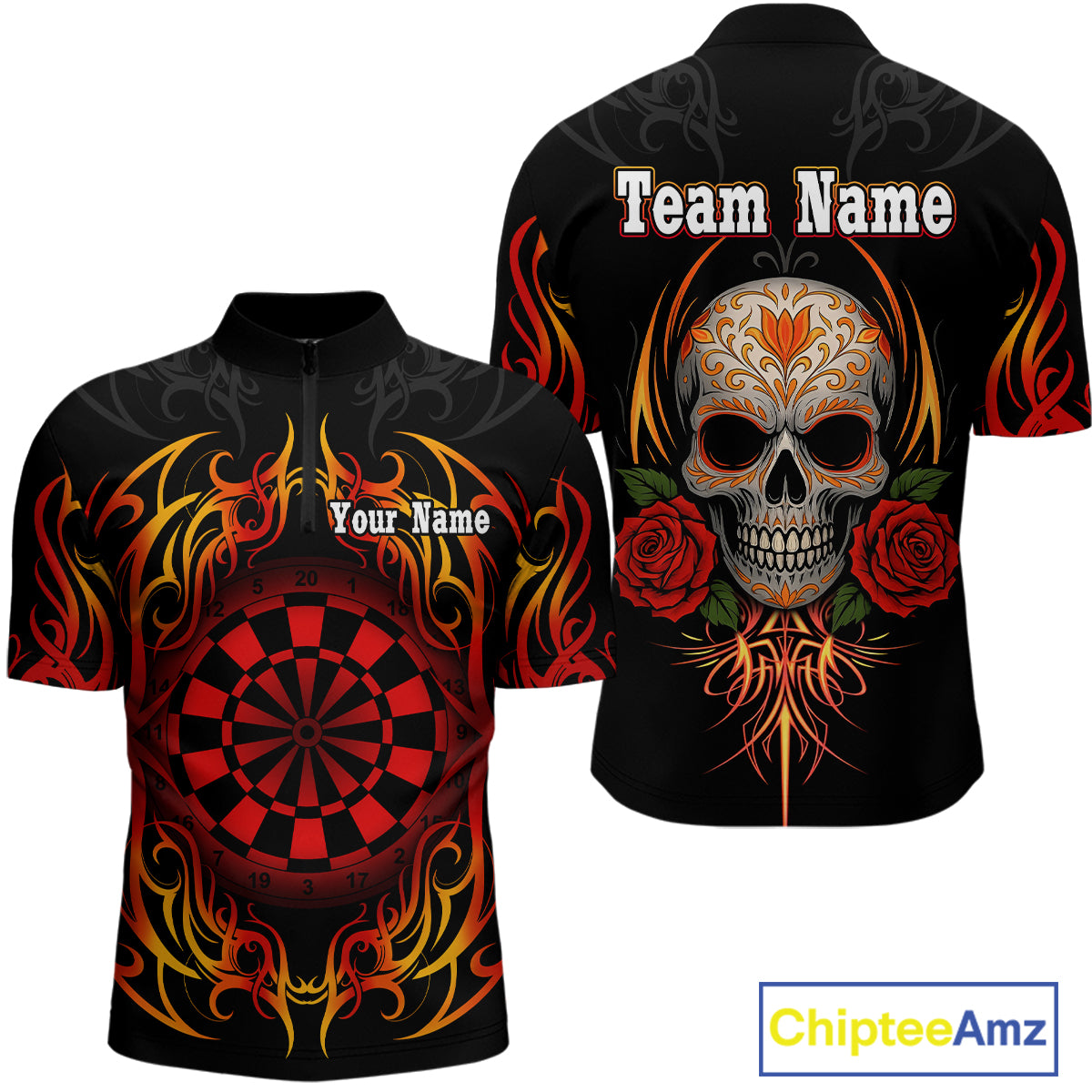 Men's Custom Darts Shirt With Roses Skull Polynesian Pattern And Red Dartboard NYN0254