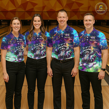 Funny Raccoon Neon Colorful Bowling Polo Quarter-Zip Shirt For Men Custom Bowling Tournament Jersey NYN3747