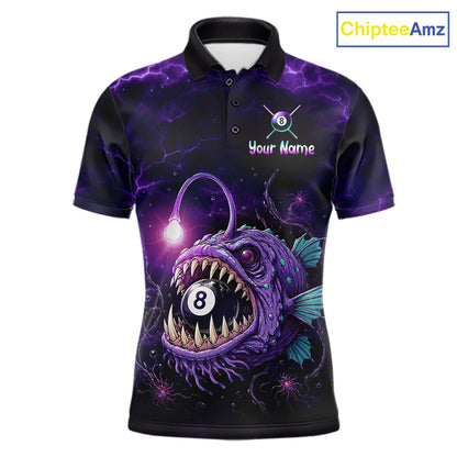 Custom Name Anglerfish men's billiard polo featuring Purple Thunder artwork, personalized 8 Ball billiard jersey, custom cue sports tournament apparel, APA pool league performance shirt, breathable athletic team uniform inspired by deep-sea predators