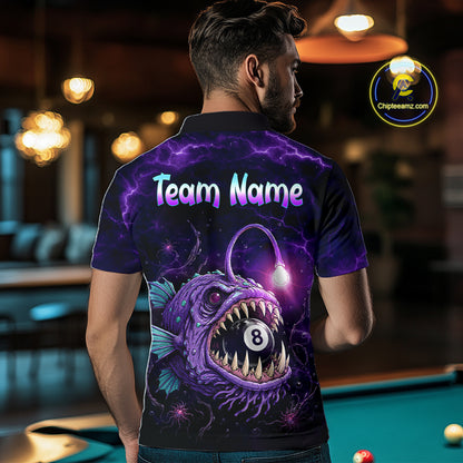 Male model wearing Purple Thunder Anglerfish pool jersey featuring custom name, fierce anglerfish artwork, cue sports championship apparel, lightweight tournament performance clothing inspired by ocean predators