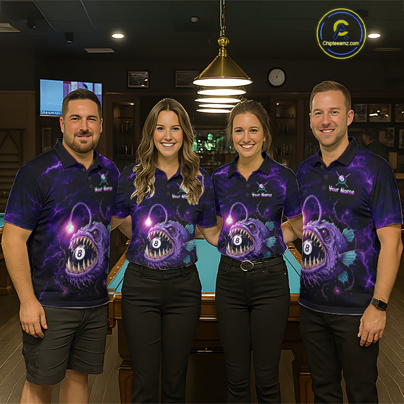 Men and women wearing matching Purple Thunder Anglerfish billiard jerseys for APA, BCA and VNEA tournaments, personalized cue sports uniforms featuring deep-sea predator symbolism representing resilience, courage, determination and focus, appealing to fishing enthusiasts, marine wildlife lovers, fantasy fans, gamers and outdoor adventure communities